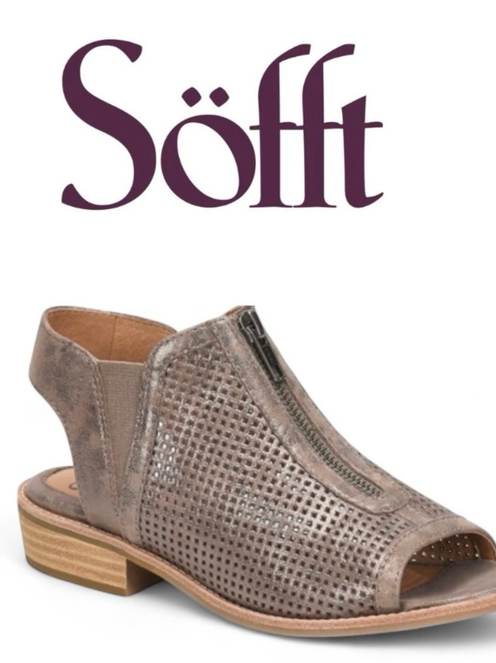 Sofft Nalda Taupe Metallic Leather Perforated Zip Peep-Toe Clog